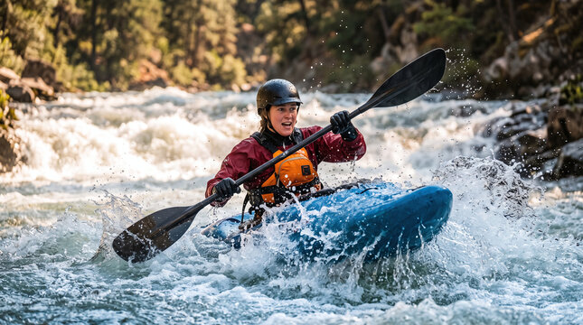 Adventurous woman paddling a blue kayak through splashing whitewater rapids