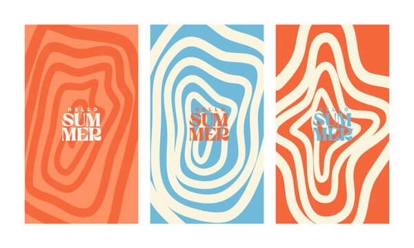 A creative concept for a bright and fresh summer card set. Modern abstract art design featuring shapes and wavy lines. Templates for celebrations, advertisements, branding, banners, covers, labels, po