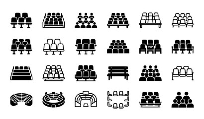 Set of black and white icons representing theater cinema stadium and auditorium seating arrangements for public events © Nirob