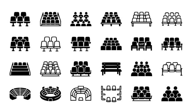 Set of black and white icons representing theater cinema stadium and auditorium seating arrangements for public events