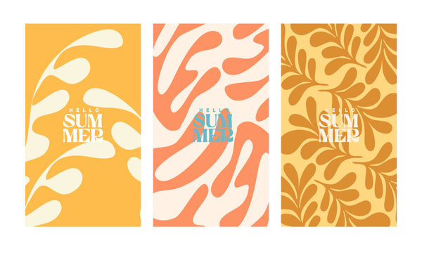 A creative concept for a bright and fresh summer card set. Modern abstract art design featuring shapes and wavy lines. Templates for celebrations, advertisements, branding, banners, covers, labels, po