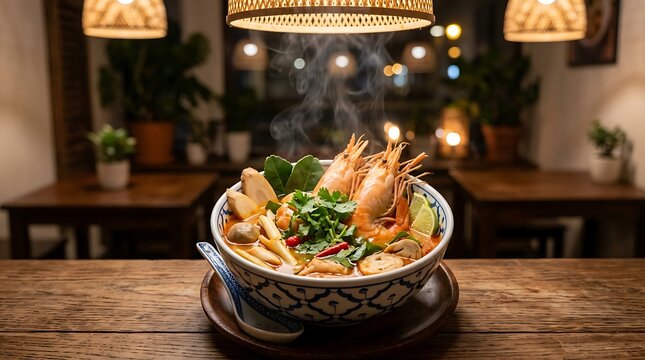 Authentic Steaming Tom Yum Goong Soup with Large Prawns