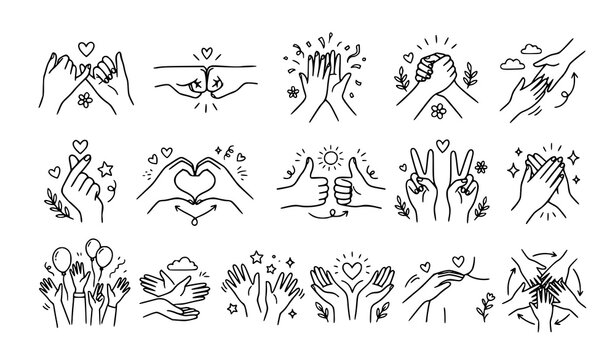 Set of hand drawn doodle hands showing various gestures of friendship support love and celebration
