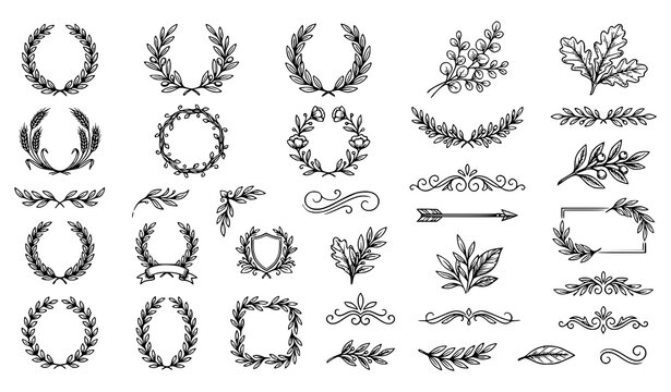 Collection of hand drawn floral wreaths branches and decorative design elements for wedding invitations and stationery