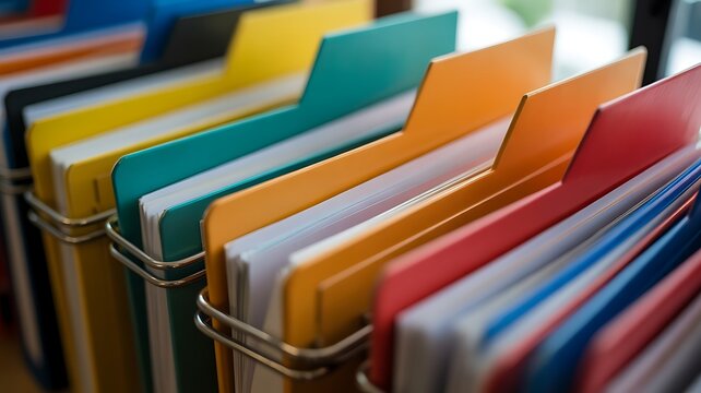 A close-up view of vibrant colorful office hanging file folders organized in a metal rack for efficient document storage
