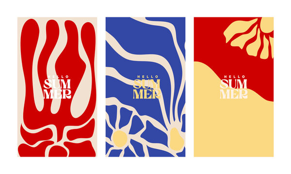 A creative concept for a bright and fresh summer card set. Modern abstract art design featuring shapes and wavy lines. Templates for celebrations, advertisements, branding, banners, covers, labels, po