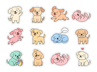 Obraz premium A collection of cute cartoon puppy stickers in various poses and colors.