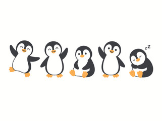 Fototapeta premium Five cute penguins in various playful and sleeping poses.