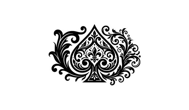 Elegant black spade playing card symbol decorated with intricate floral filigree patterns on a white background