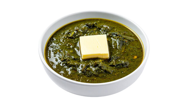 A serving of rich green saag topped with a melting butter cube, vibrant texture and authentic spices, isolated on transparent background.