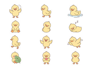 Obraz premium A collection of cute yellow duckling illustrations in various poses.