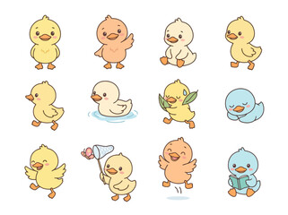 Fototapeta premium A collection of cute cartoon ducklings in various poses and expressions.