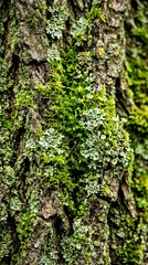 Obraz premium Moss and Lichen on Weathered Tree Trunk in Forest Setting With Yellow Flowers
