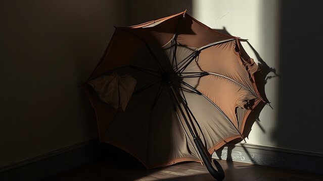 A damaged umbrella with bent ribs and torn fabric in corner.
