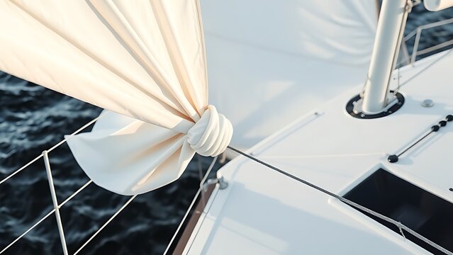 A furled white sail tightly bound to a yacht boom, crisp folds.