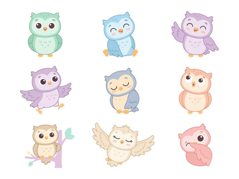 Cute Cartoon Owls Vector Set.