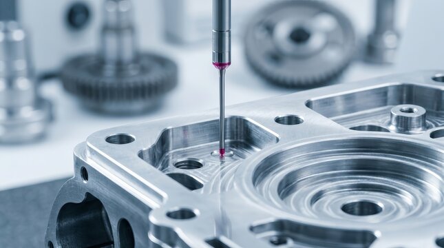 Precision quality control on a CNC milling machine using a coordinate measuring machine.
