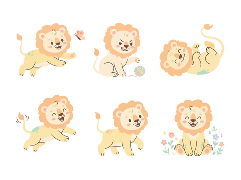 A collection of cute baby lions in various playful poses and expressions.