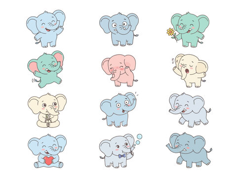 A collection of colorful and playful baby elephant illustrations with various expressions and poses.
