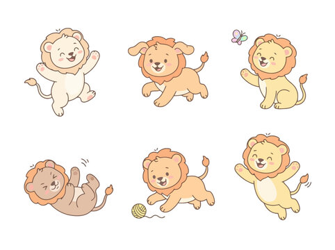 A set of six cute cartoon lion cubs in various playful poses.