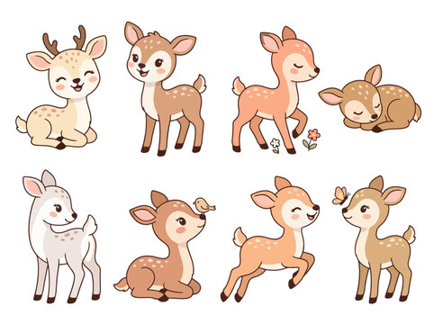 A collection of cute cartoon deer illustrations in various poses.