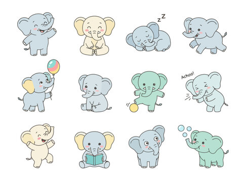 A collection of cute baby elephant illustrations engaged in various playful activities each in a soft pastel color palette.