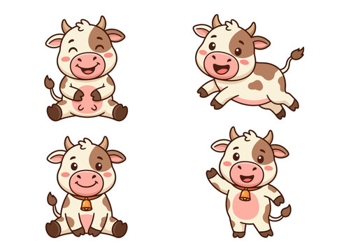 Set of cute cartoon baby cows in different poses.