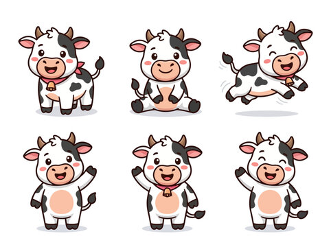 Cute cartoon cow characters in various poses including standing sitting jumping and waving.