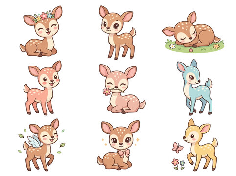 cute cartoon deers in various poses and colors vector illustration.