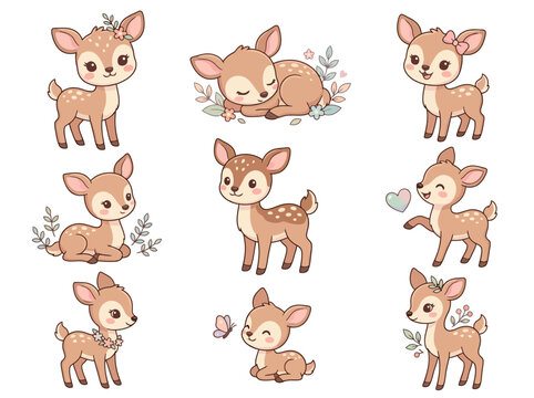 A collection of cute baby deer in various poses and expressions.