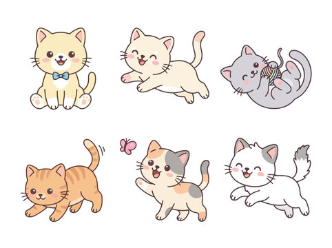 A collection of cute and playful cartoon cat stickers in various poses and colors.