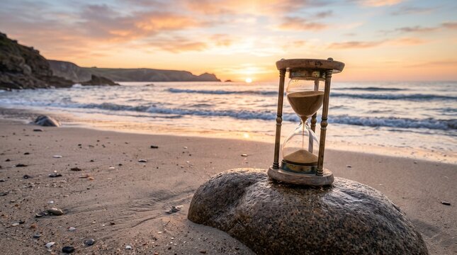 Vintage hourglass on beach rock at sunset, wooden sand timer against ocean waves, concept of passing time and fleeting moments in nature