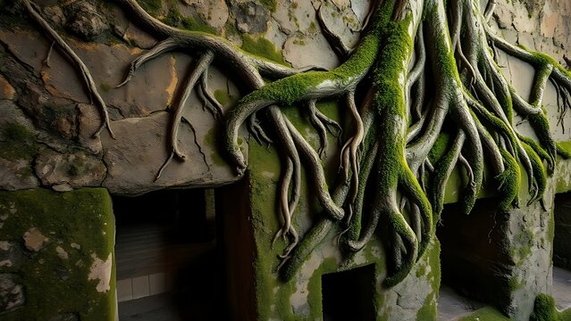 A damp moss-covered stone wall in a catacomb with roots and empty burial niches.