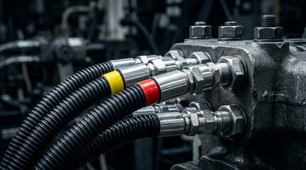 Fototapeta premium Industrial hydraulic pneumatic machine with a bundle of connected pipes.