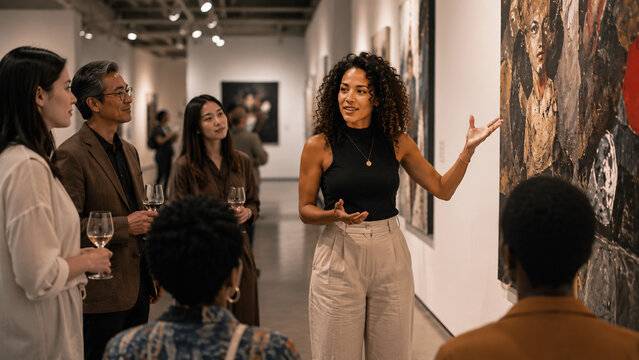 Woman curator facilitating at art gallery opening receptionм