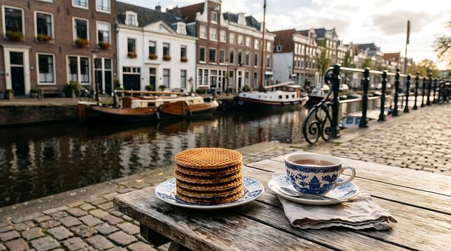 Stroopwafels and Tea on a Wooden Table by a Dutch Canal