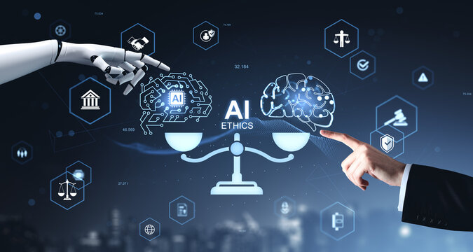 AI ethics balance between human judgment and robotic intelligence with legal, security and fairness interface icons on dark technology background.