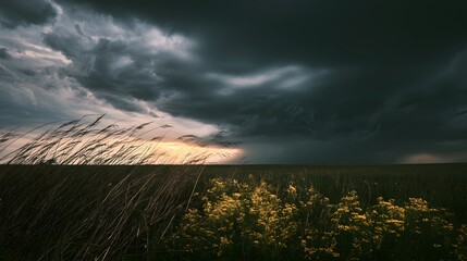 Obraz premium Prairie storm beauty golden light illuminates wildflowers a dramatic cinematic landscape scene of vastness