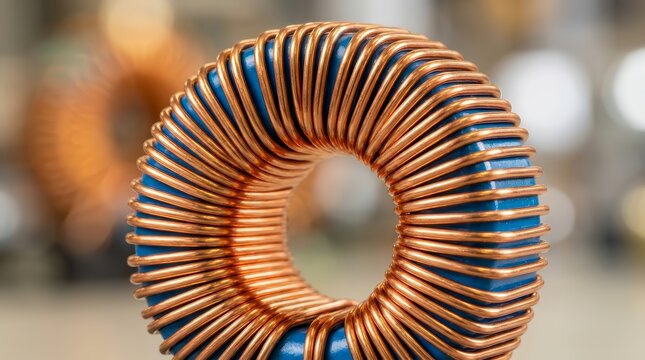 Close-up view of a toroidal and cylindrical copper coil in an industrial setting.