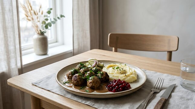 Traditional Swedish Meatballs with Mashed Potatoes and Lingonberry Jam