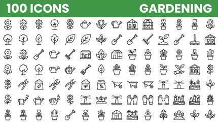 Gardening icon set with plants tools and nature linear symbols © OSTI