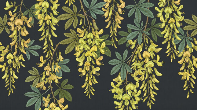 Elegant yellow laburnum flowers blooming on dark background captured in detailed botanical vintage digital art style