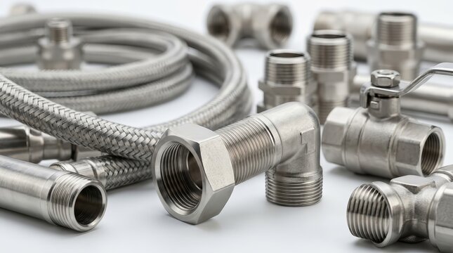 Macro close-up of stainless steel flexible pipes and plumbing fixtures.