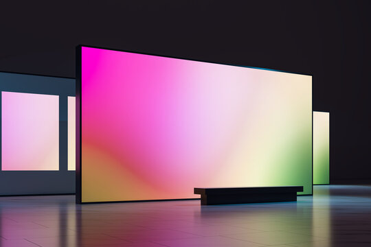 Blank gradient presentation screen display mockup with glowing pink, cream, and green light panels in a dark modern studio setting. 3D Rendering