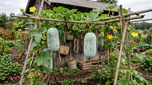 Winter melon gourds growing on bamboo trellises inside a rustic vegetable garden with vibrant yellow flowers