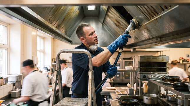 Professional cleaner degreasing exhaust hood in a commercial kitchen