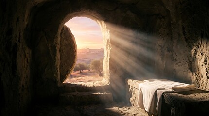 A magical open book glowing with bright golden light inside a dark mysterious stone cave with ancient walls and mystical atmosphere creating a fantasy scene for storytelling and wonder © Niloy