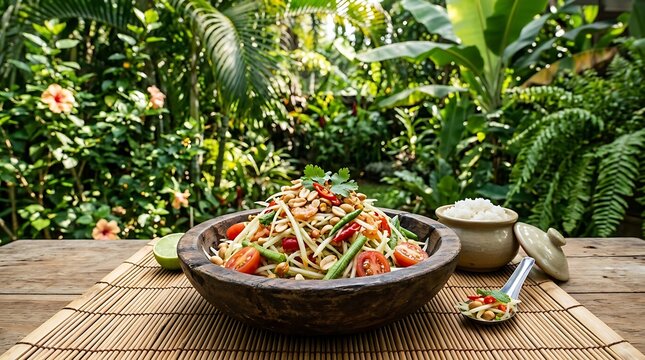 Thai Som Tum Papaya Salad in a Tropical Garden Setting