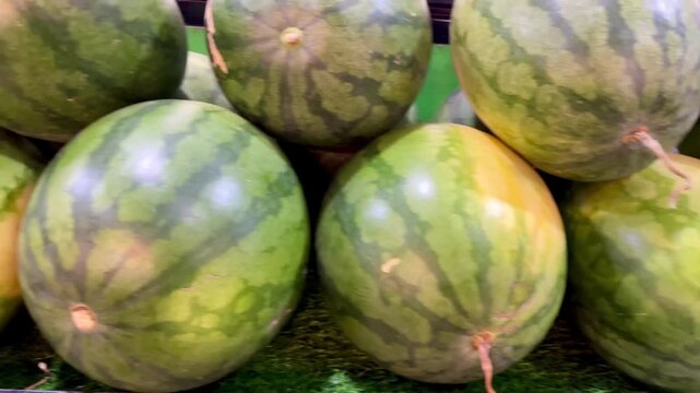 A stack of watermelons on a fruit rack; fresh, ripe watermelons on a table; a harvest of fresh watermelons at a fruit supermarket.
