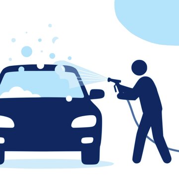 Worker spraying active foam on a car silhouette: Design for car wash signage, auto detailing services, or maintenance service flyers. JPEG version.